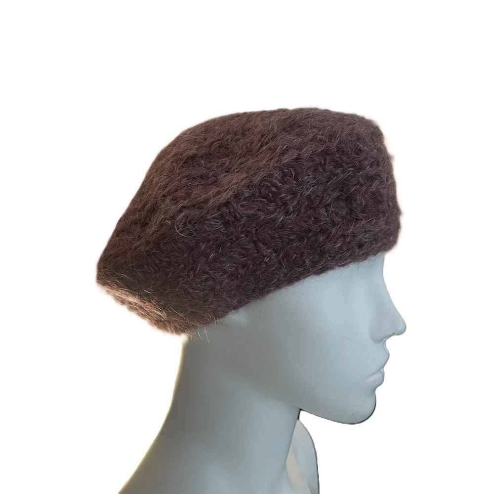 Helena Ruuth Handmade in Ireland Mohair Wool Blend Beret Hat Plum Burgundy Fuzzy